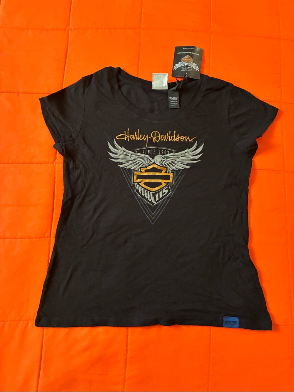 Harley Davidson Shirt Womens Small 115th Anniversary Black Metallic Gold Tee